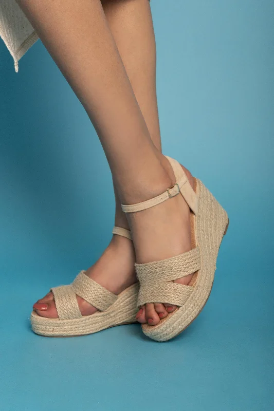 Espadrille Ankle-Strap Wedges - Beige