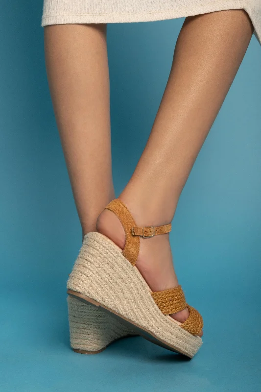 Espadrille Ankle-Strap Wedges - Camel