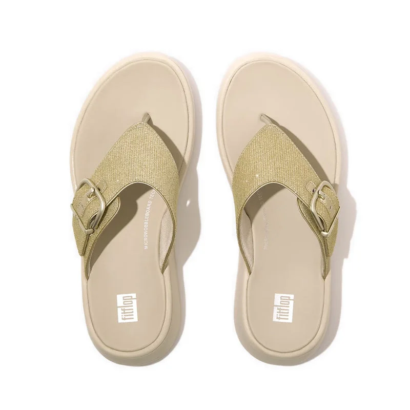 F-MODE BUCKLE SHIMMERLUX FLATFORM TOE-POST SANDALS