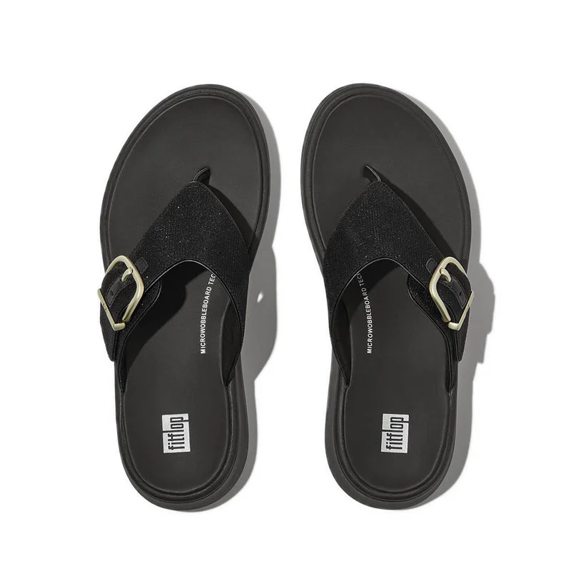 F-MODE BUCKLE SHIMMERLUX FLATFORM TOE-POST SANDALS