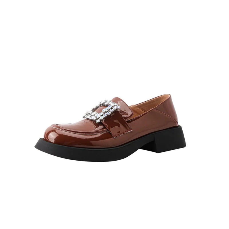 Patent Leather Loafers for Women with Dazzling Diamond in Brown/Black