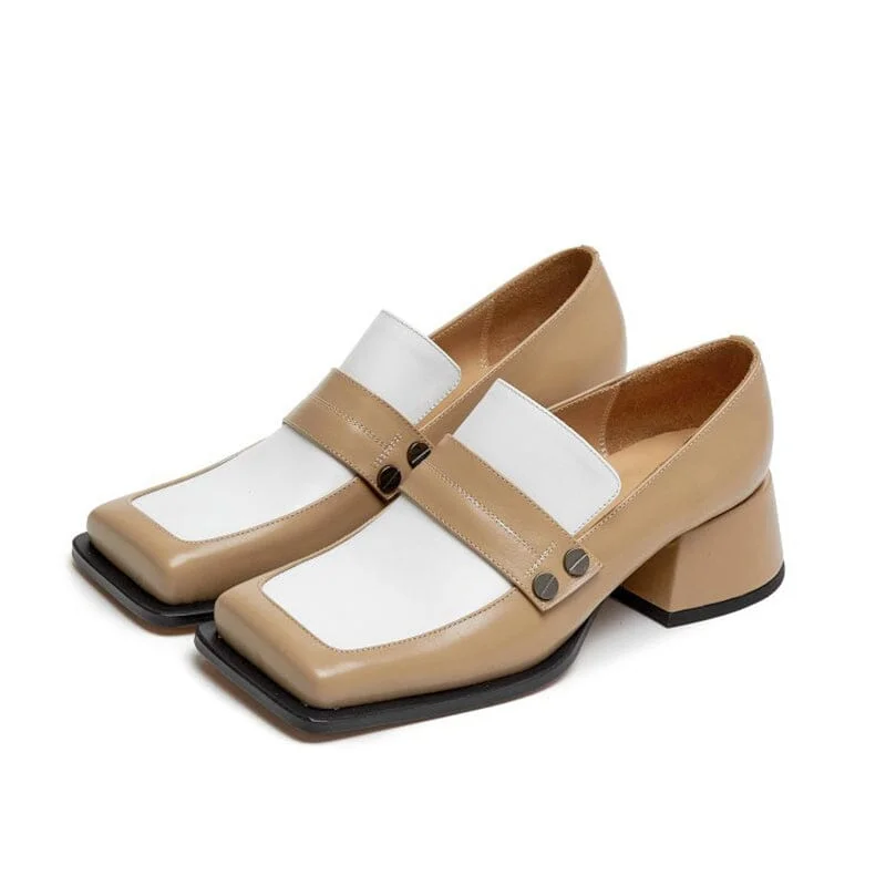 Retro Leather Penny Loafers for Women Square Toe in Apricot/Black