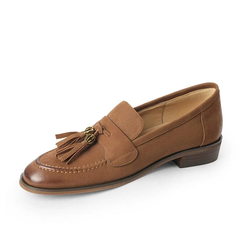 Retro Leather Tassels Loafers for Women Round Toe in Brown/Green