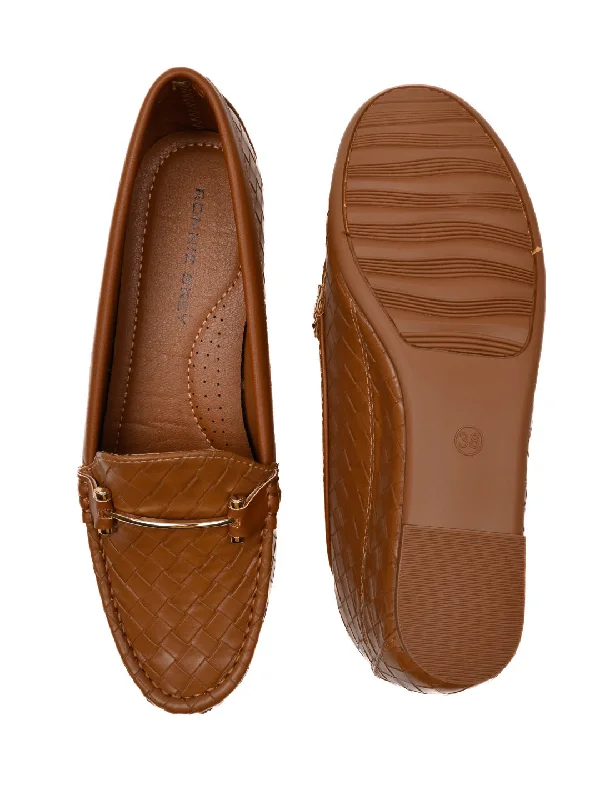 Women Tan Woven Design Loafers