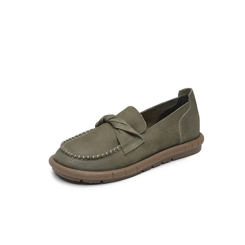 Round Toe Soft Leather Loafers for Women in Green/Coffee