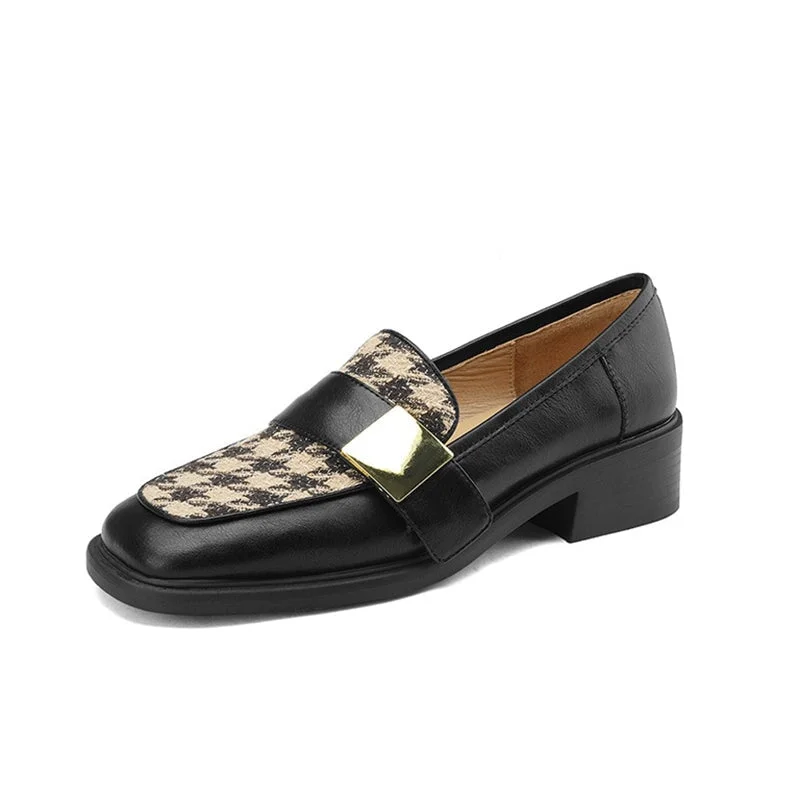 Soft Leather Loafers for Women with Metal Color Blocking in Black/Brown