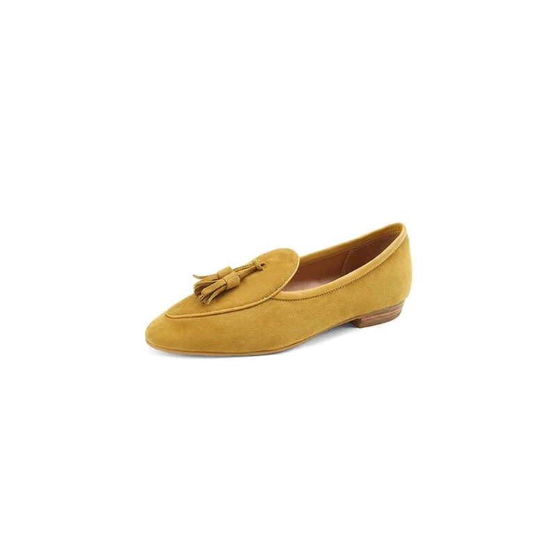 Suede Leather Tassels Loafers for Women Round Toe in Yellow/Black