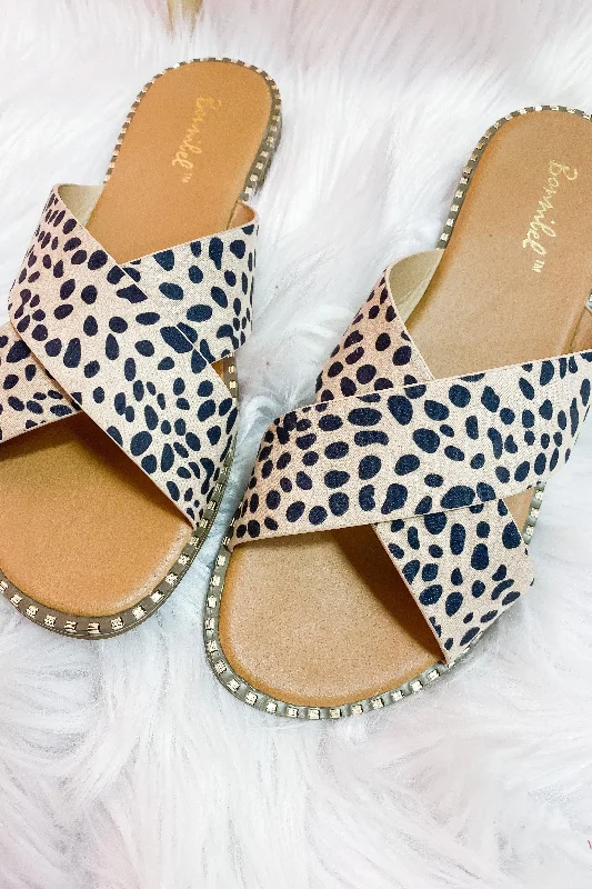 Through The Wild- Cheetah w/ Gold Studs Criss Cross Sandals