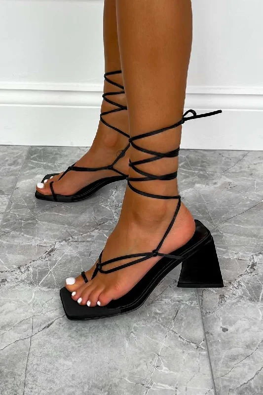 ZINA Lace Up Flared Block Mid Heels - Black