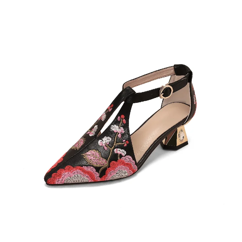 TinaCus Women's Pointed Toe Emboidered Floral Print Genuine Leather Handmade Buckle Chunky Heel Sandal Pumps