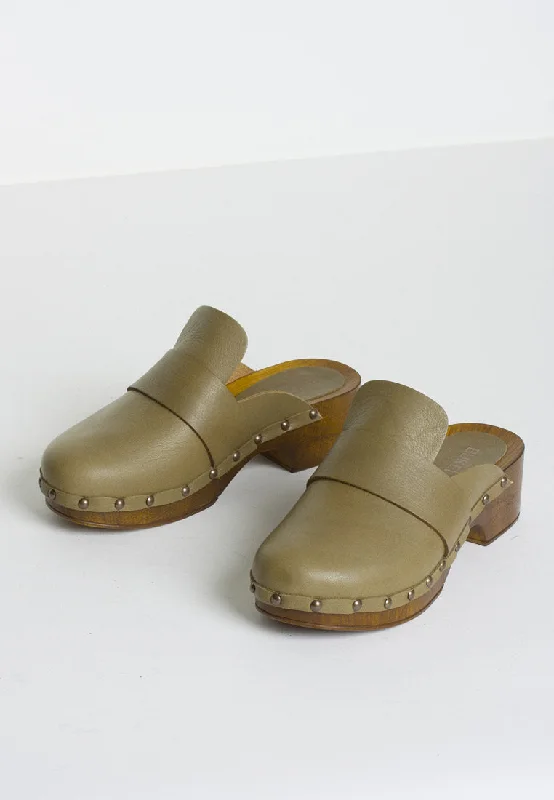 Ester Olive Studded Leather Clogs