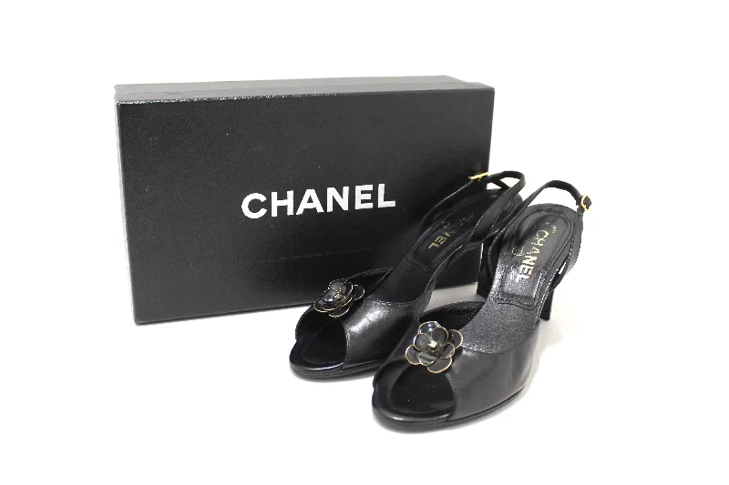 Chanel Vintage Black Leather Slingback Sandal Heel Shoes Size 37