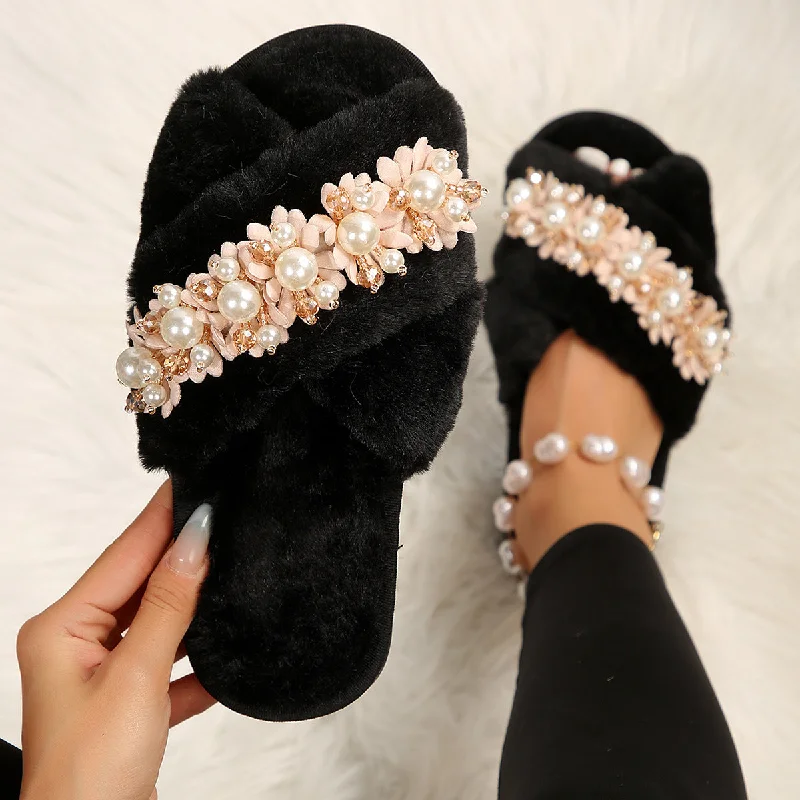 Pearl and Flower Criss Cross Fuzzy House Slippers