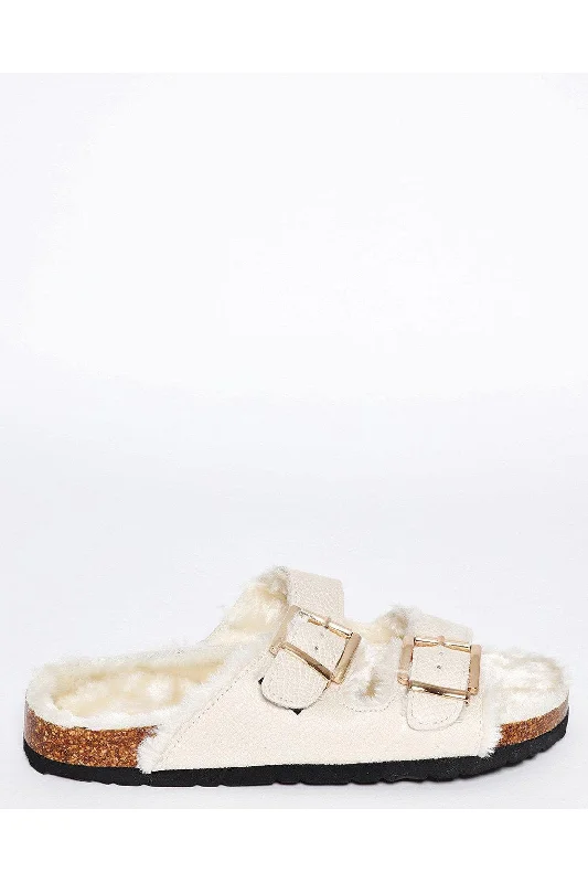 Double Buckle Faux Fur Lined Beige Sliders