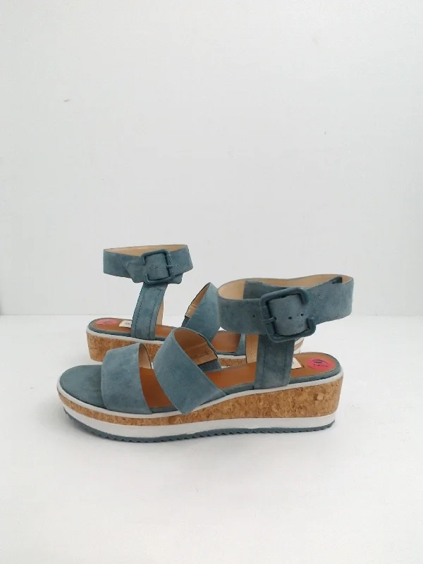 ED Ellen DeGeneres Women's Stassi Wedge Sandal Leather Blue Size 6.5