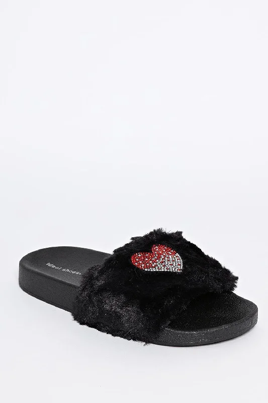 Embellished Heart Black Faux Fur Sliders