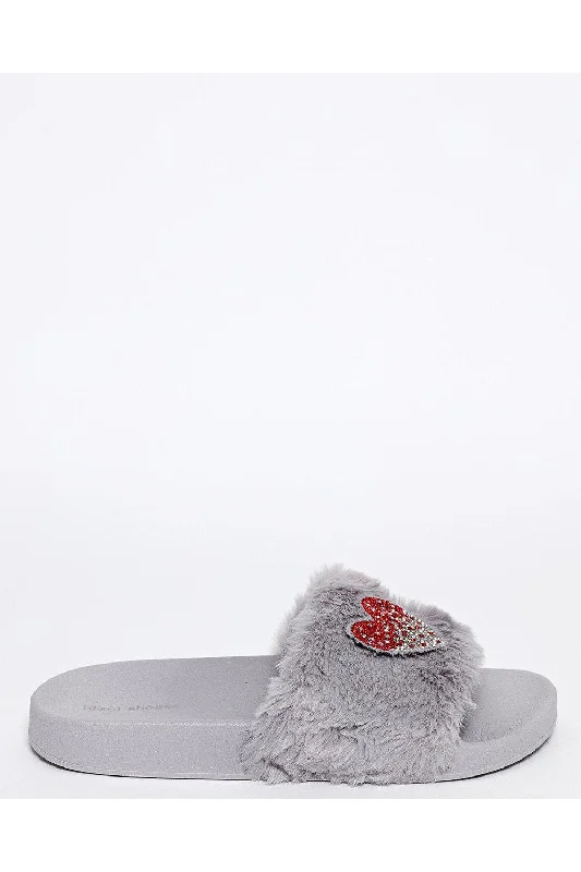 Embellished Heart Grey Faux Fur Sliders