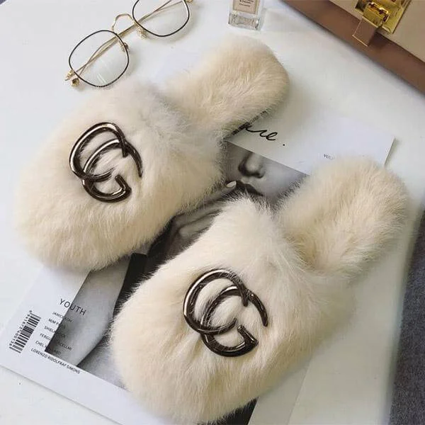 Fashion Fluffy Letters Plain Slippers