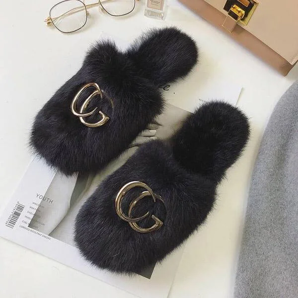 Fashion Fluffy Letters Plain Slippers