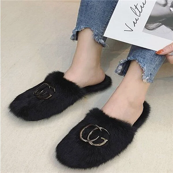 Fashion Fluffy Letters Plain Slippers