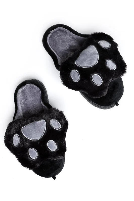 Faux Fur Black Paw Slippers