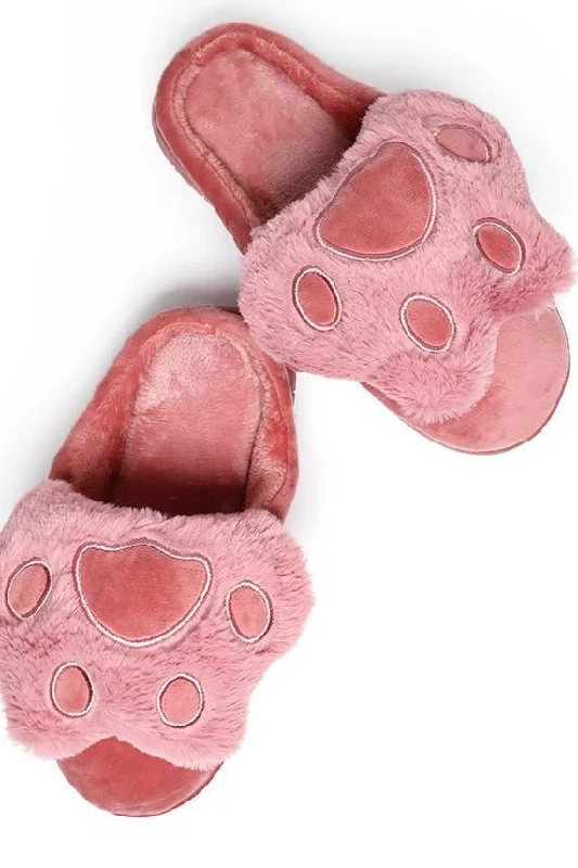 Faux Fur Dark Pink Paw Slippers