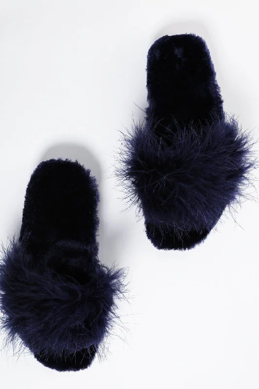 Fur Lined Blue Feather Slippers