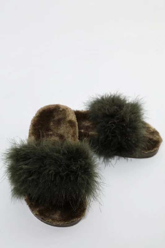 Fur Lined Green Feather Slippers