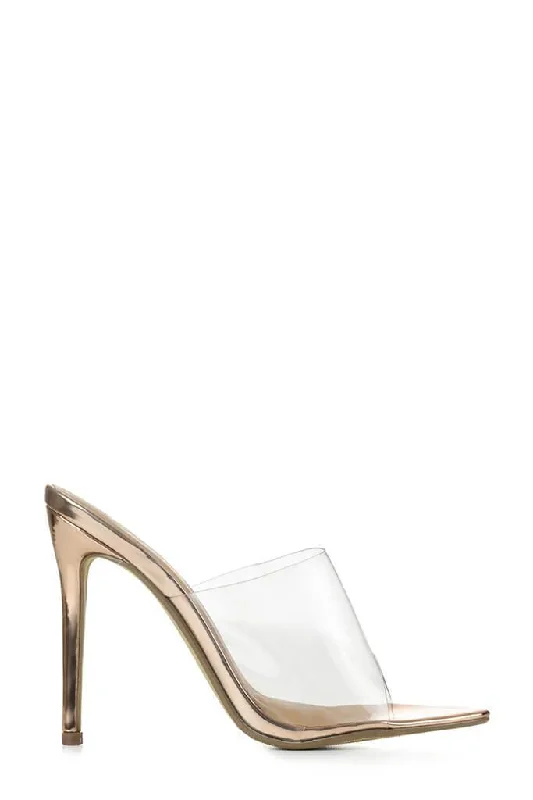 Rose Gold Perspex Heeled Mules With Pointed Toe