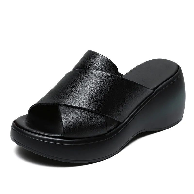 Women Minimalist Leather Chunky Wedge Slide Sandals