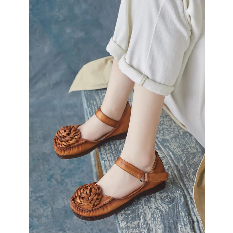 Women Retro Style Leather Velcro Tape Summer Sandals