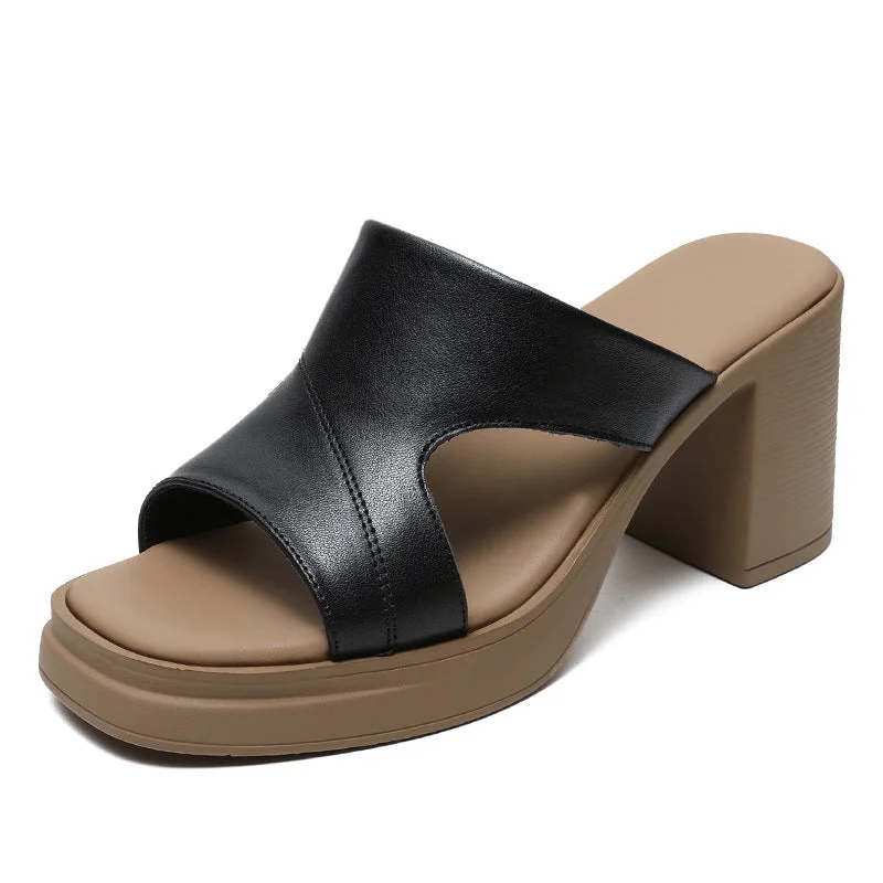 Women Summer Leather Chunky Heigh Heel Casual Sandals