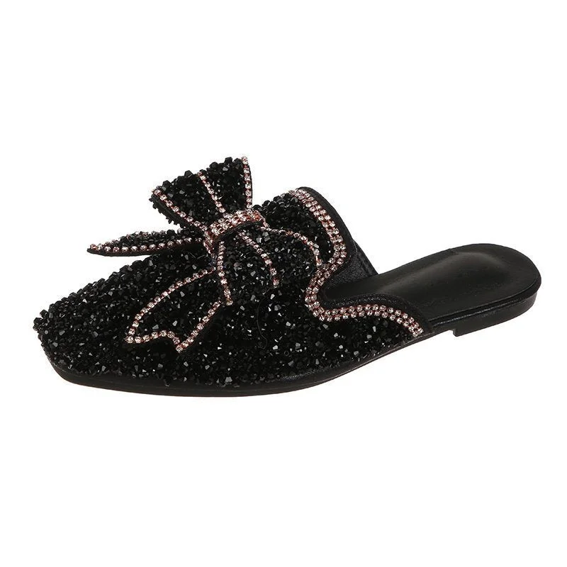 Womens Rhinestone Bow Flats