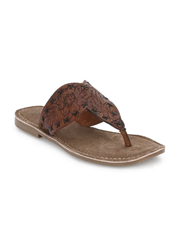 Women's Genuine Terracotta Leather Flat Tooled Slipper / Hand Tooled Collection