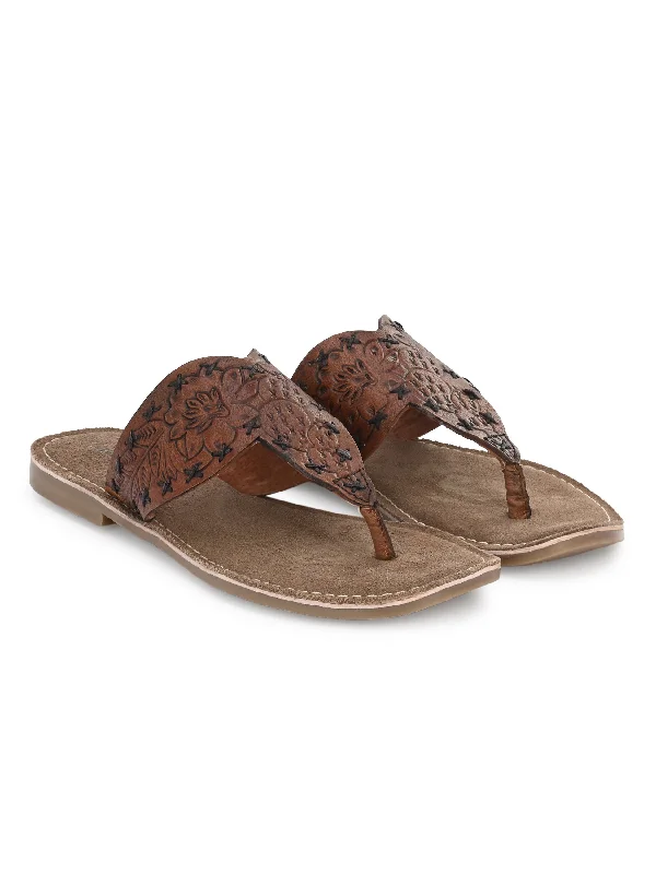 Women's Genuine Terracotta Leather Flat Tooled Slipper / Hand Tooled Collection