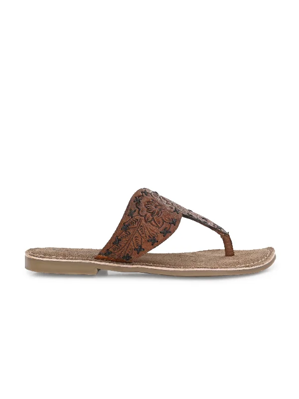 Women's Genuine Terracotta Leather Flat Tooled Slipper / Hand Tooled Collection