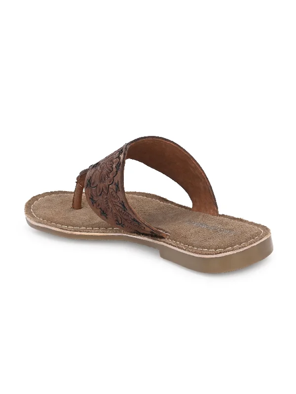 Women's Genuine Terracotta Leather Flat Tooled Slipper / Hand Tooled Collection