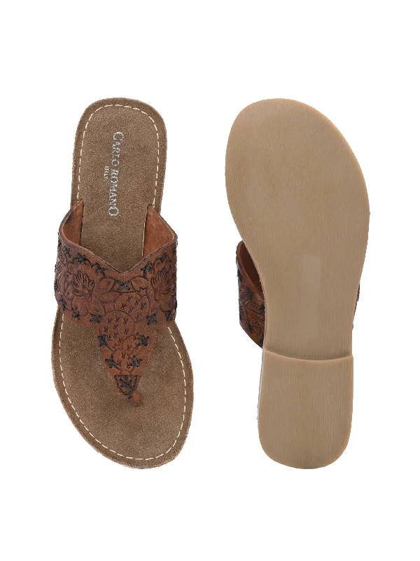 Women's Genuine Terracotta Leather Flat Tooled Slipper / Hand Tooled Collection