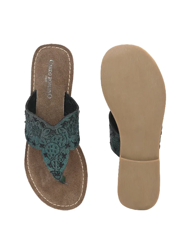 Women's Genuine Terracotta Leather Flat Tooled Slipper / Hand Tooled Collection