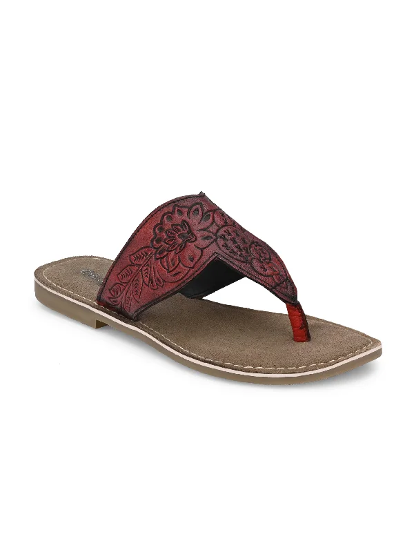 Women's Genuine Terracotta Leather Flat Tooled Slipper / Hand Tooled Collection