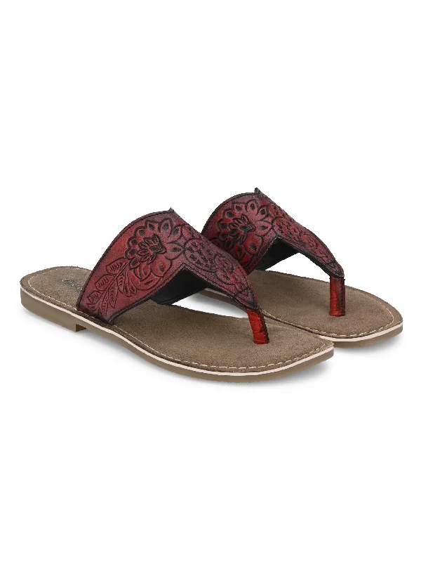 Women's Genuine Terracotta Leather Flat Tooled Slipper / Hand Tooled Collection