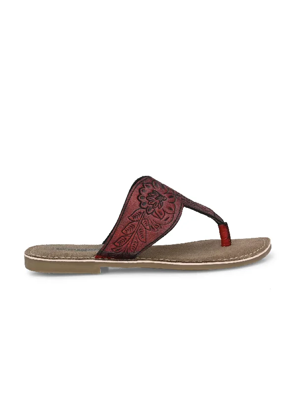 Women's Genuine Terracotta Leather Flat Tooled Slipper / Hand Tooled Collection