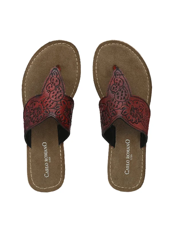 Women's Genuine Terracotta Leather Flat Tooled Slipper / Hand Tooled Collection