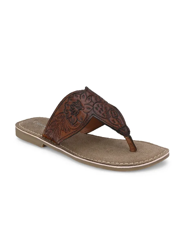 Women's Genuine Terracotta Leather Flat Tooled Slipper / Hand Tooled Collection