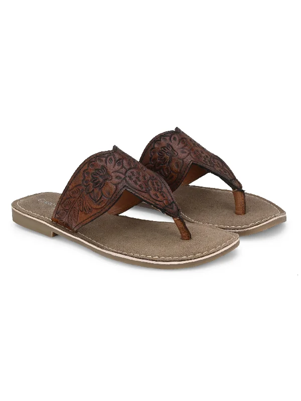 Women's Genuine Terracotta Leather Flat Tooled Slipper / Hand Tooled Collection