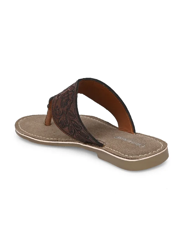 Women's Genuine Terracotta Leather Flat Tooled Slipper / Hand Tooled Collection