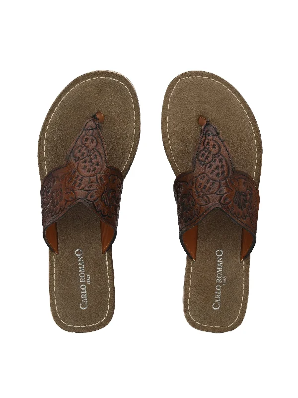 Women's Genuine Terracotta Leather Flat Tooled Slipper / Hand Tooled Collection