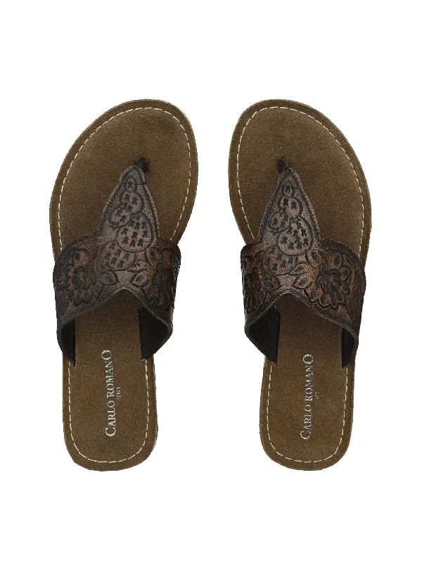 Women's Genuine Terracotta Leather Flat Tooled Slipper / Hand Tooled Collection