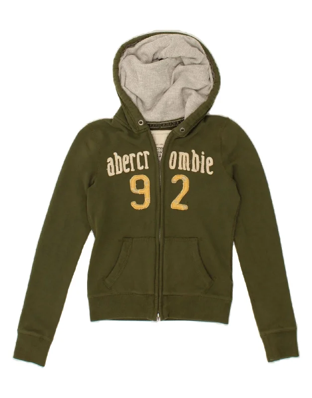 ABERCROMBIE & FITCH Womens Graphic Zip Hoodie Sweater UK 14 Large Khaki