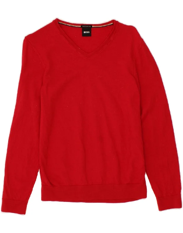 HUGO BOSS Womens V-Neck Jumper Sweater UK 16 Large Red Wool